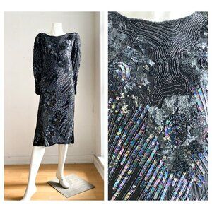Vintage Silk Fully Beaded Geometric Floral Print Tunic Dress S